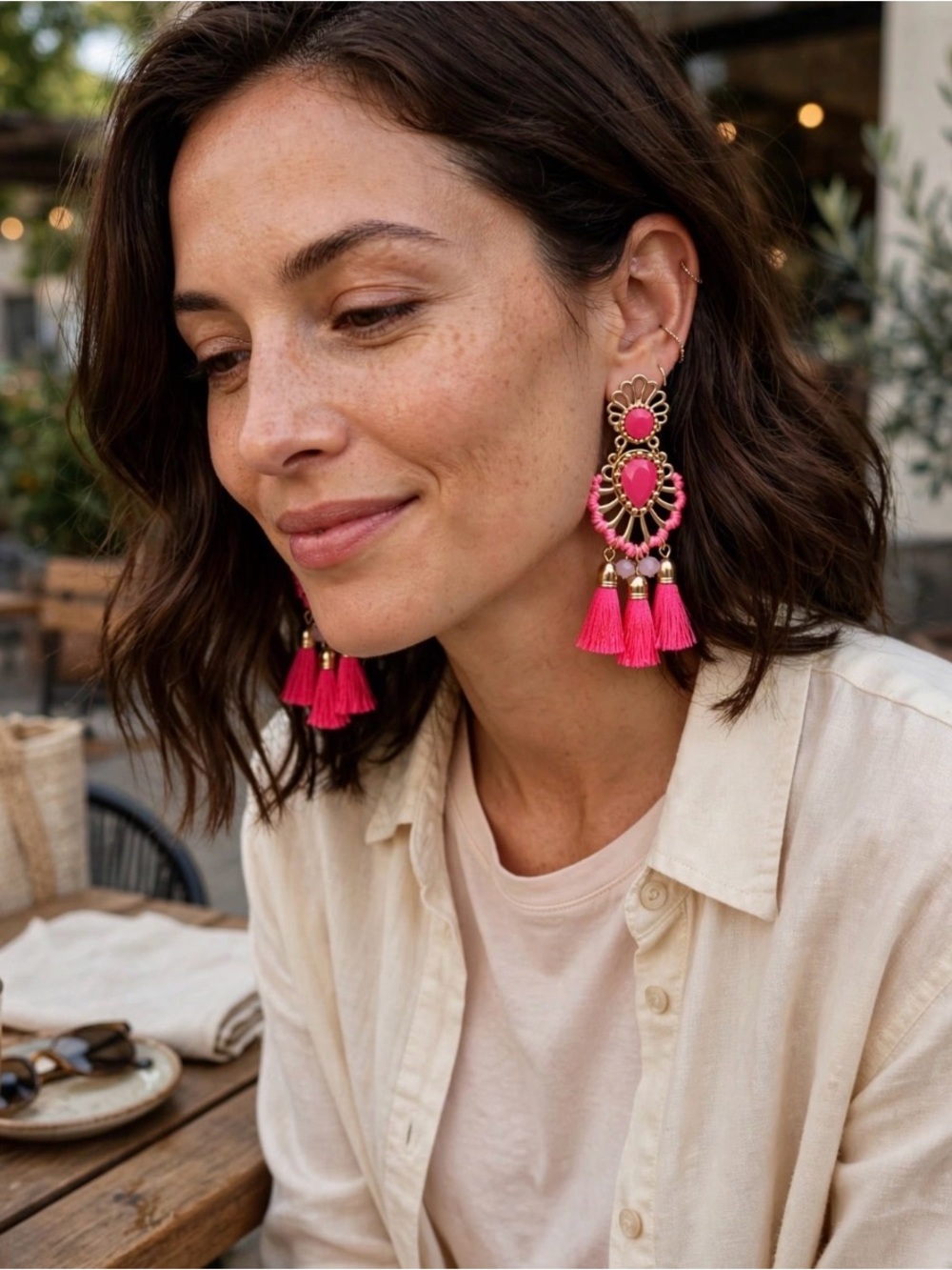 Lilly Pulitzer Statement Earrings with hot pink tassels and gold detailing.